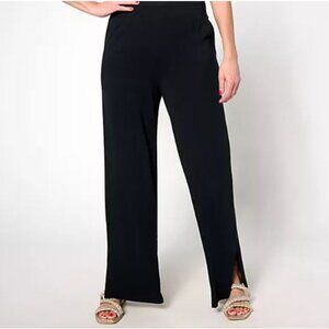 Denim & Co. Beach Jersey Petite Wide Leg Pant with Slits Black Petite 1X